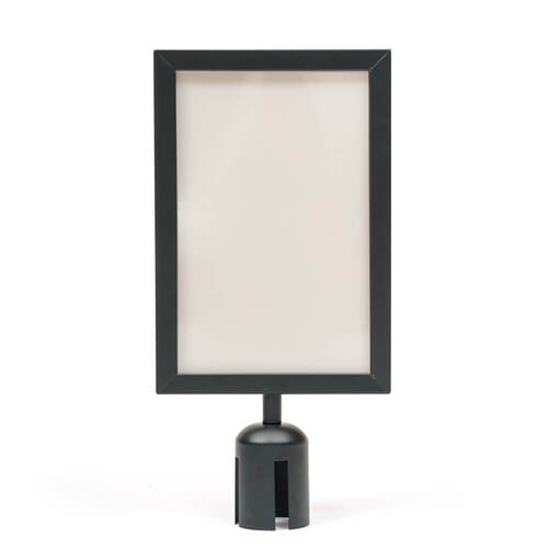 Retractable Belt Barrier Bollard - Powder coated black A4 Sign Frame Portrait   